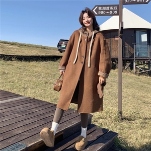 格纹拼接连帽双面呢羊毛咖色外套女秋冬2025新款今年流行爆款大衣