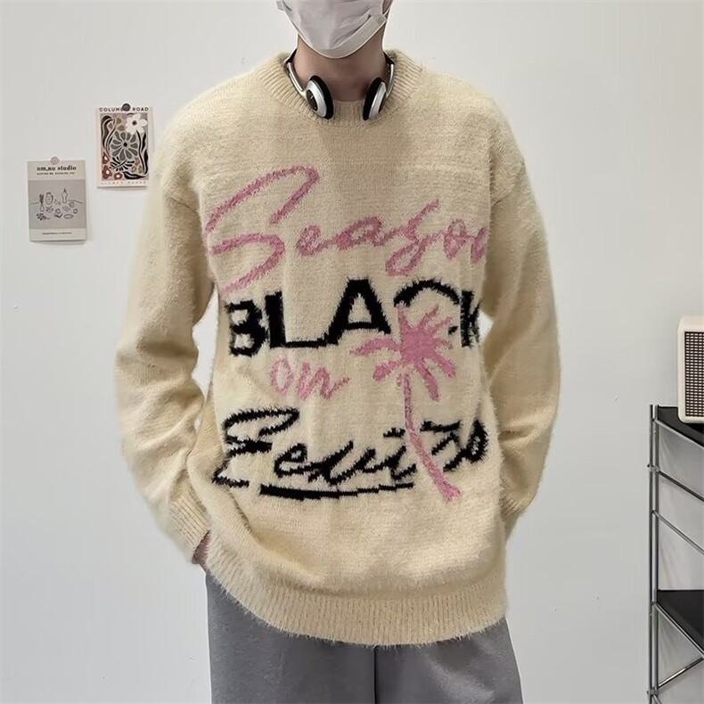 潮牌提花水貂毛宽松软糯毛衣男女秋冬季慵懒情侣毛茸针织衫外套,男装针织衫/毛衣,星座1013