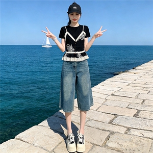 高级感时尚休闲套装夏圆领刺绣蕾丝拼接假两件上衣牛仔中裤两件套图片
