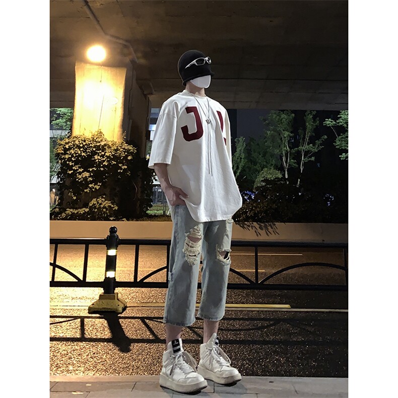 B221美式ins高街设计感拉链直筒七分牛仔裤LK23071-P55控78,男装牛仔裤,电商B221