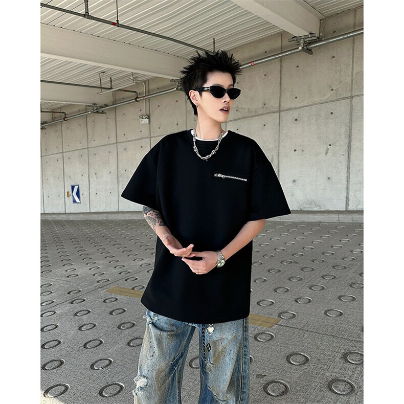 美式复古圆领短袖T恤潮流小拉链设计简约风休闲百搭上衣,男装T恤,星座410-7