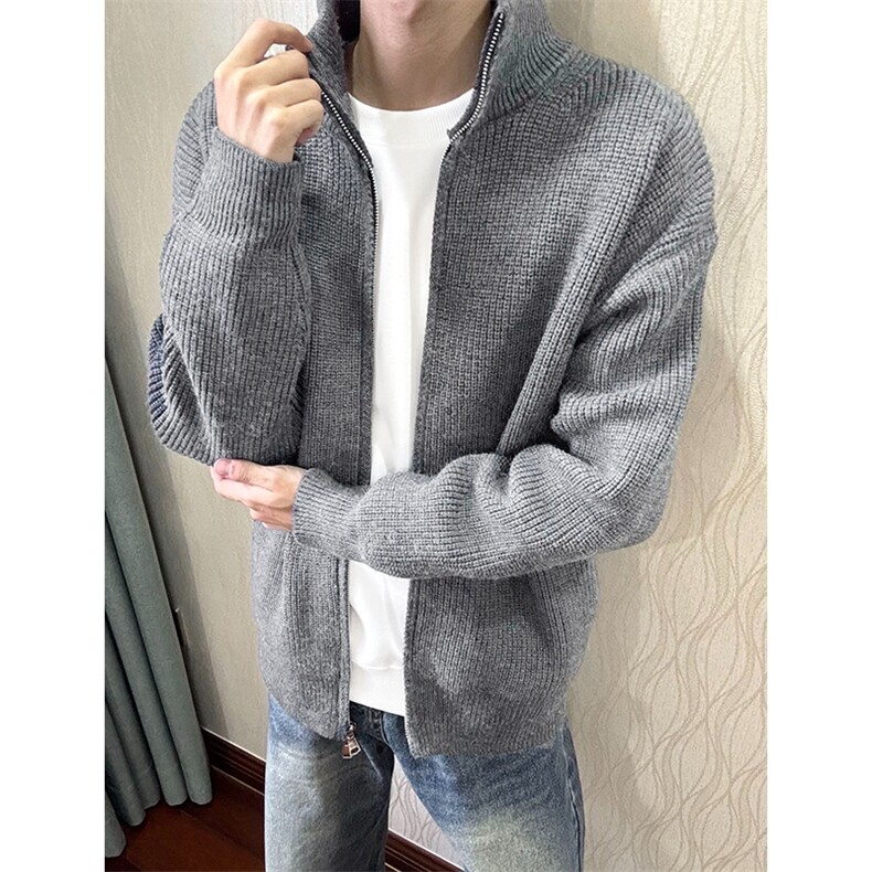 重磅秋冬北极绒双拉链毛衣开衫美式复古休闲慵懒风宽松针织衫外套，男装针织衫/毛衣，电商A486