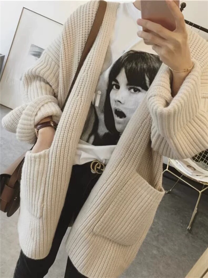 法式复古设计感长袖v领大口袋35%羊绒开衫,女装羊绒衫,以美红杉羊绒