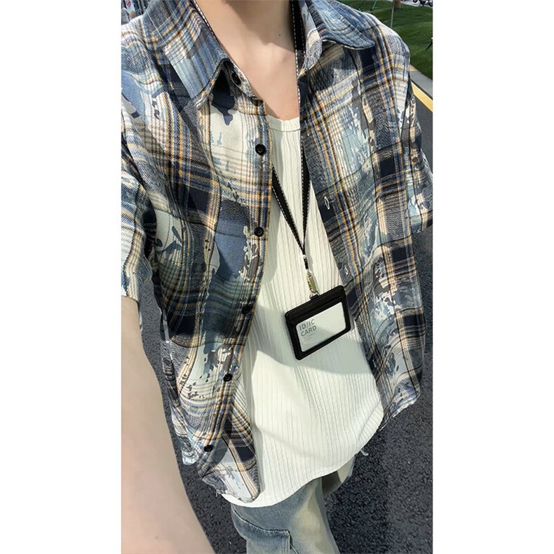 美式扎染格子衬衫短袖男女同款夏季衬衣半袖外套DC2240-特价P25,男装衬衫,电商A007