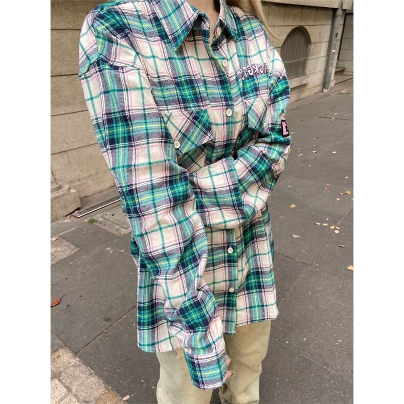 高街潮刺绣字母格子衬衫男高级感小众宽松休闲情侣款防晒衬衣潮，男装防晒衣，星座506A