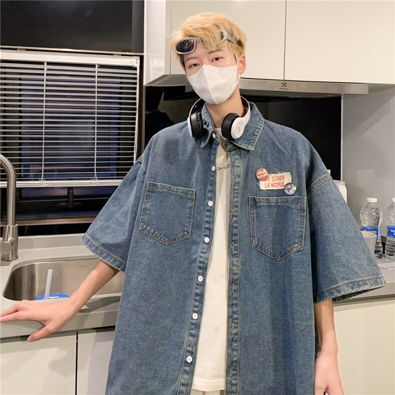 牛仔衬衫男短袖韩版潮流贴标帅2025夏季新款ins宽松外套CY281-P51，男装衬衫，星座412