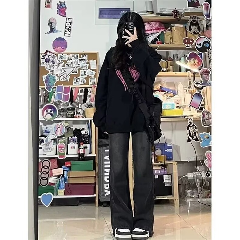牛仔裤秋冬加绒新款宽松微喇长裤男女生百搭潮流美式休闲阔腿裤子,男装牛仔裤,星座302B