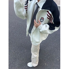 撞色拼接条纹夹克2025外套男女秋季翻领情侣拉链开衫，男装夹克，四季星座505