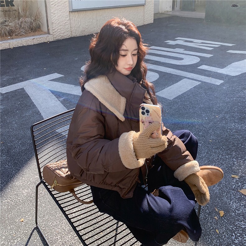 羊羔毛美拉德短款羽绒服女2025冬季新款咖色小个子翻领外套,女装羽绒服,玖莱伊