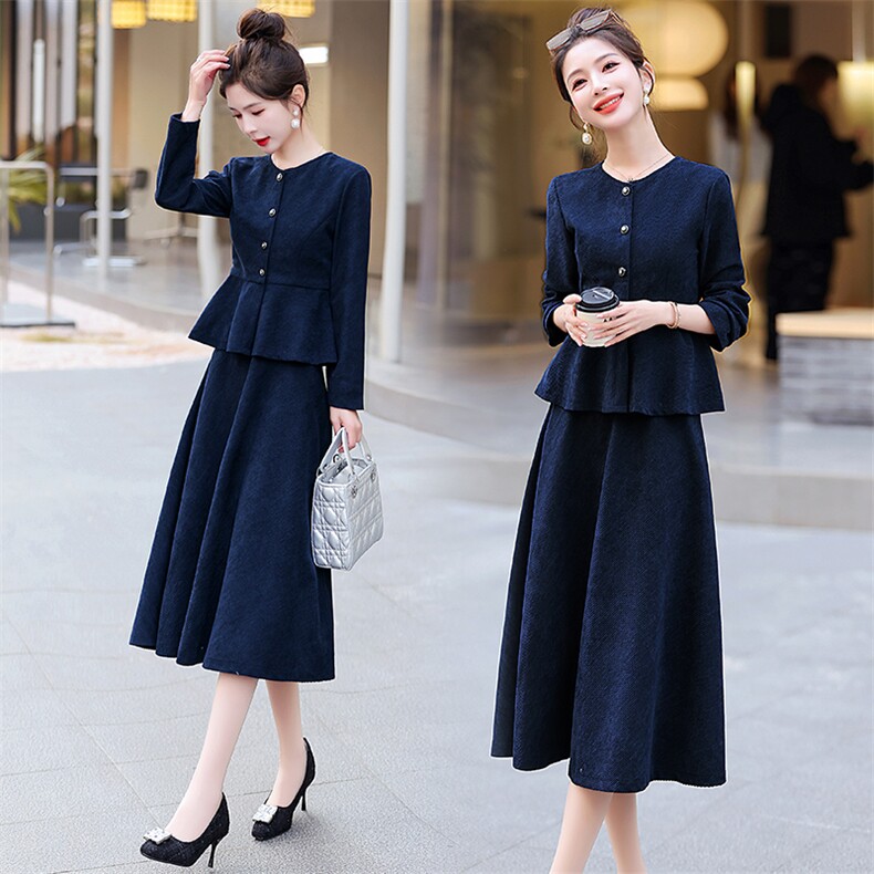 小香风套装裙女春秋新款时尚修身长袖上衣气质荷叶边两件套半身裙，女装套装/套裙，冬木谷雨