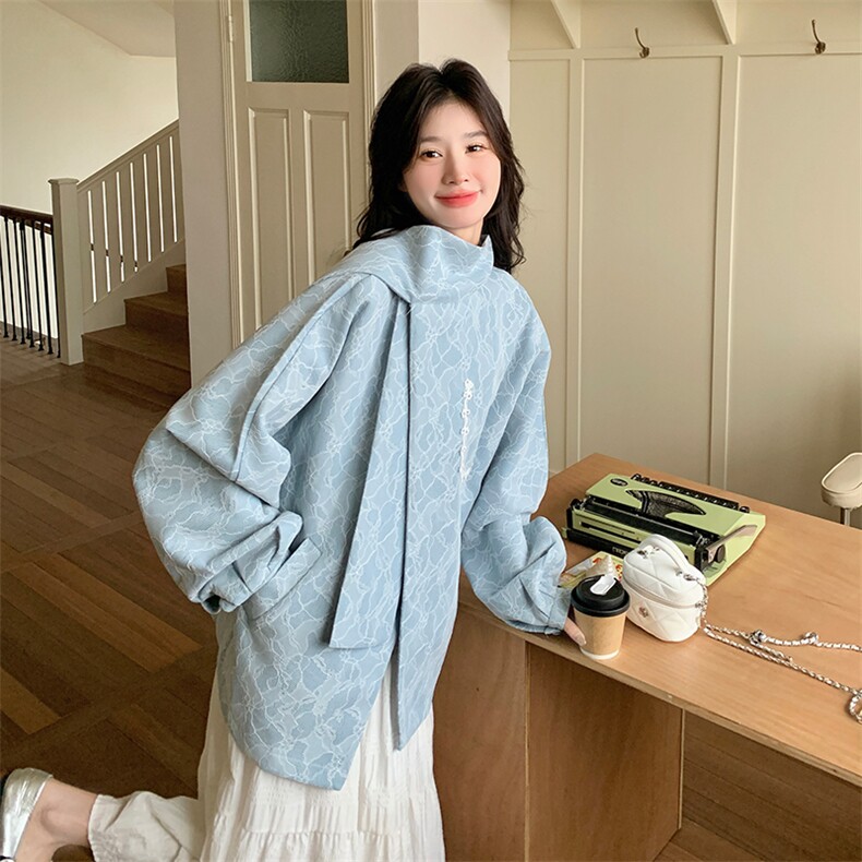 蓝色提花休闲外套女2025年春季新款独特设计感超好看宽松夹克上衣,女装短外套,2C031