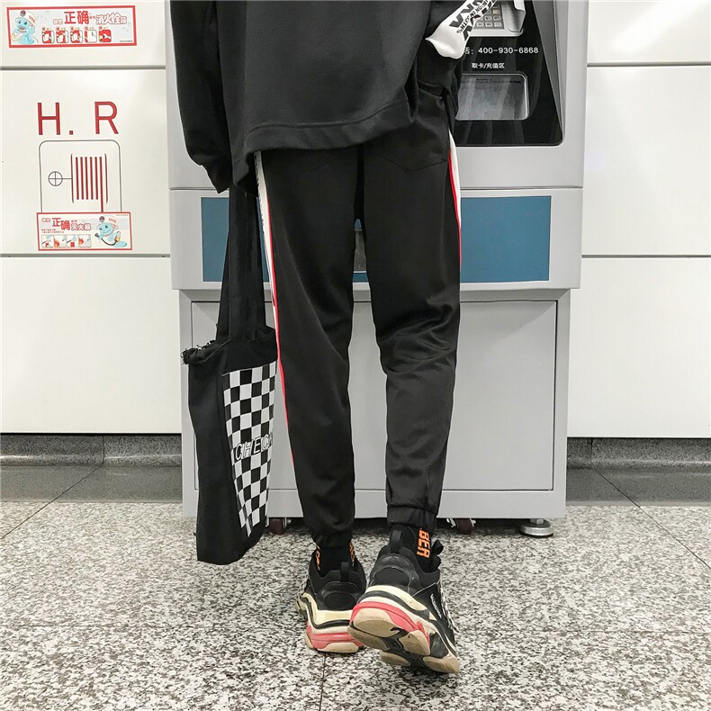 703港风男式休闲运动裤针织拼色印花束脚长裤,男装休闲裤,星座703