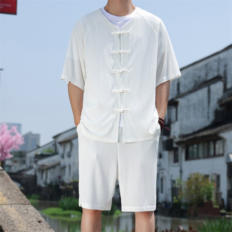 2025夏季风男装套装针织竖纹理唐装套装短袖+短裤A101-P75，男装休闲套装，电商B277(原6028)