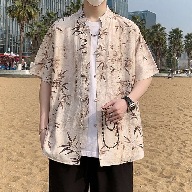 新中式夏威夷唐装花衬衫男夏季潮流风盘扣短袖衬衣7001P40,男装衬衫,电商A056