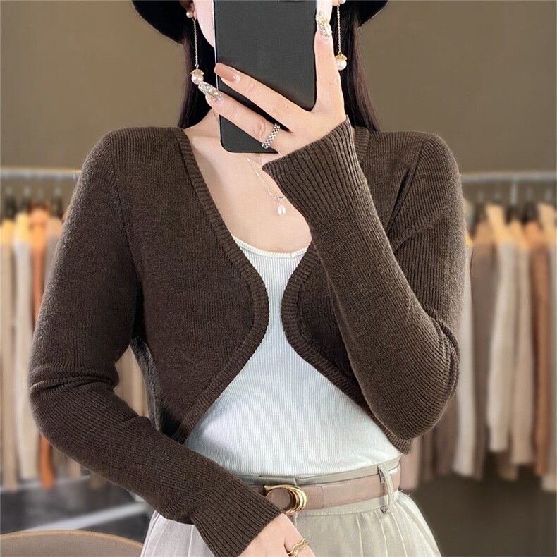 时尚百搭黑色仿羊毛披肩开衫女短款修身显瘦针织衫外套,针织衫/毛衣,暖姿羊绒