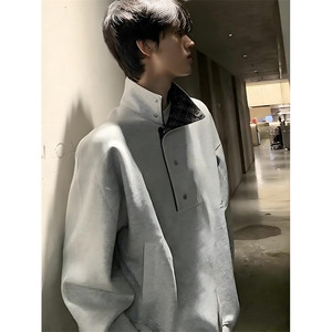 纽扣拼接格纹立领翻领卫衣男女春季设计独特宽松长袖上衣 W212图片