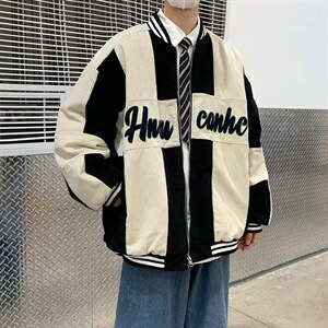 美式复古拼色刺绣灯芯绒棒球服男女夹克情侣外套WT33P67图片