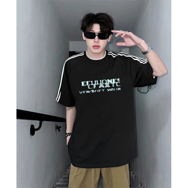 抖音得物高品质二开240克宽松纯棉美式潮牌三条杠织带短袖T恤，男装T恤，电商A486-1