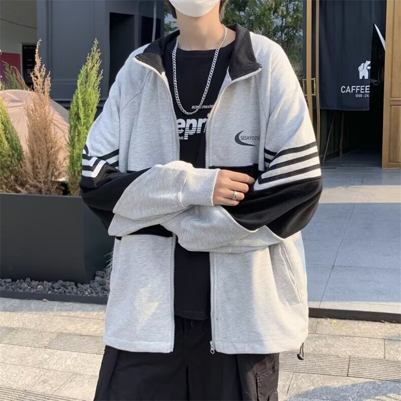 春季拼色开衫卫衣外套男宽松运动夹克立领港风学生上衣服Y40,男装夹克,星座1116A-1（原606A）