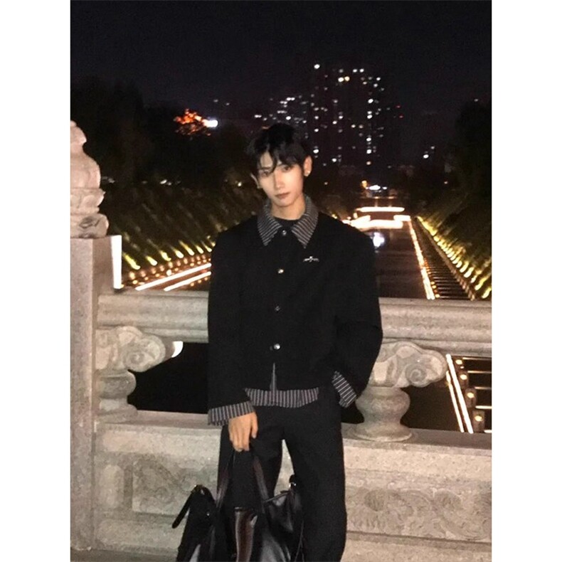 韩版潮牌黑色条纹拼接衬衫外套男士秋季痞帅高级感假两件开衫卫衣,男装衬衫,星座1210-1