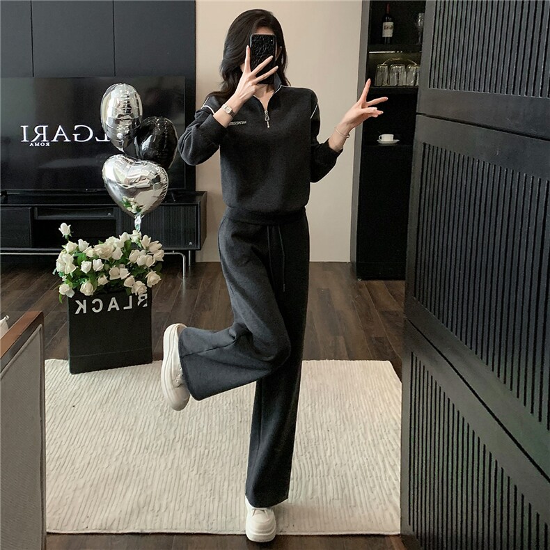 网红炸街休闲运动套装早秋季新款女气质显瘦立领卫衣直筒裤两件套,女装套装/套裙,江南