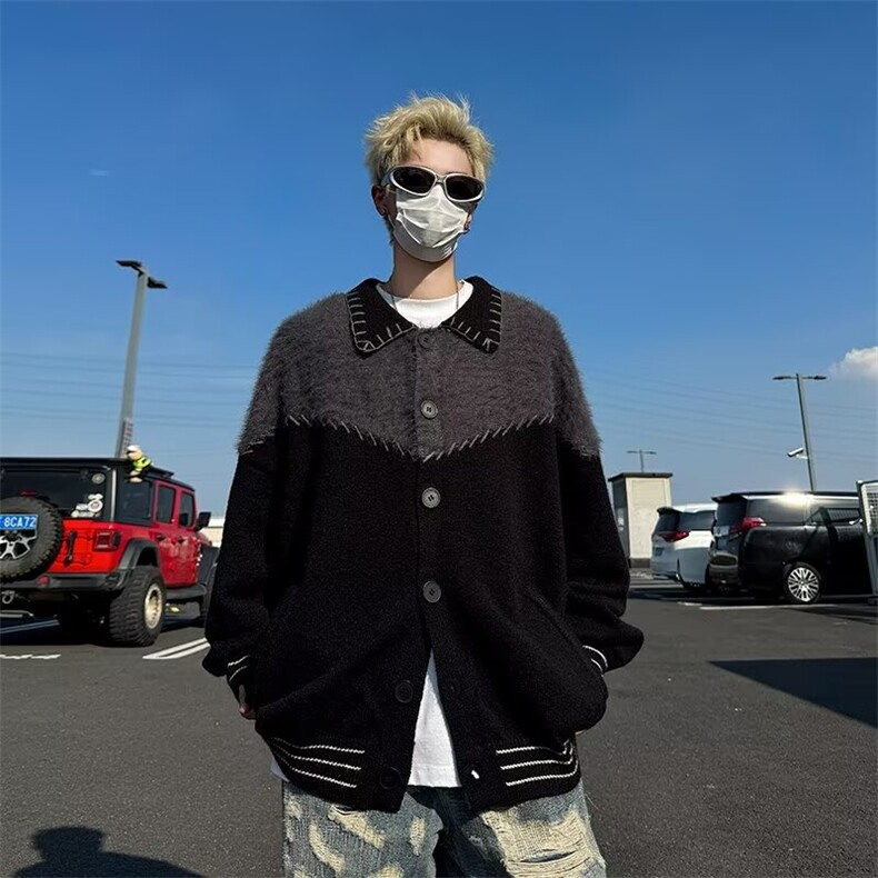秋冬潮流撞色拼接针织开衫男高级感宽松休闲慵懒风翻领毛衣外套,男装针织衫/毛衣,星座716-2