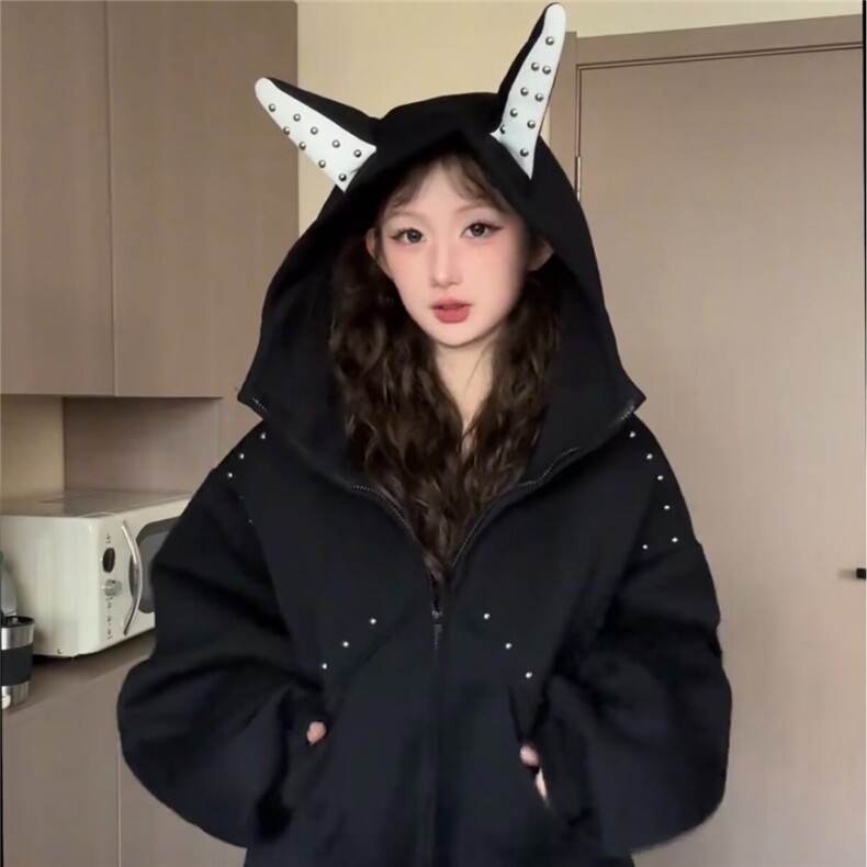 6168-P72美式重磅解构连帽外套冬季潮牌设计感拼接卫衣,女装短外套,电商B323A