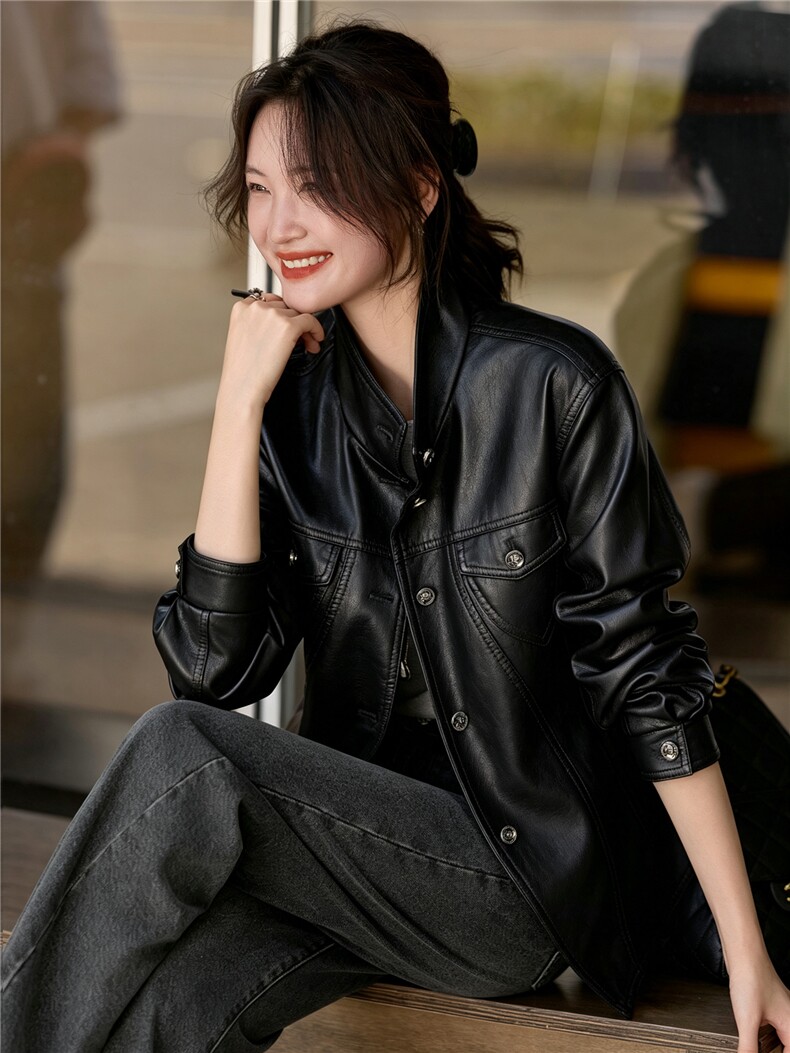 翻领短款皮夹克女宽松复古气质百搭秋冬外套女2026秋季PU,女装皮衣,潮流依族