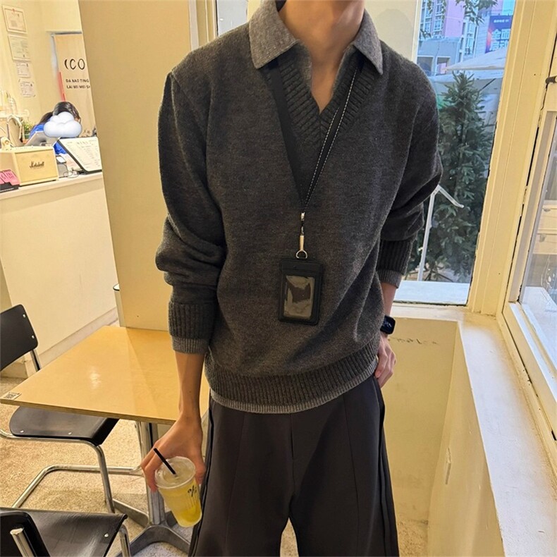 假两件V领仿羊绒慵懒风polo氛围感老钱针织衫毛衣男女BMY176,男装针织衫/毛衣,星座208-5