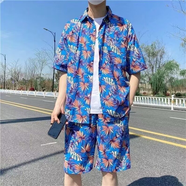 泰式花衬衫短裤套装男夏威夷沙滩短袖衬衣情侣装2025新款夏装外套,男装休闲套装,星座506A