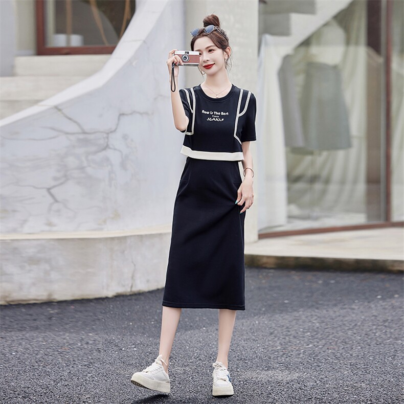 小馨家【新品】气质优雅韩版时尚中长款拼色连衣裙,女装连衣裙,尚洛菲