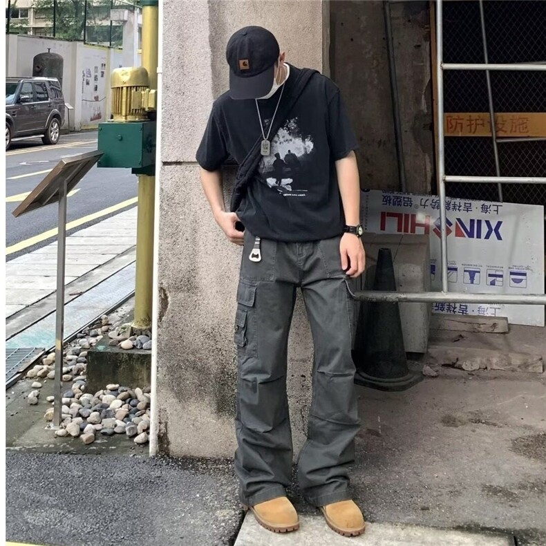 美式vibe多口袋工装裤男小众褶皱设计阔腿裤机能风户外徒步登山裤,男装牛仔裤,星座1001-1