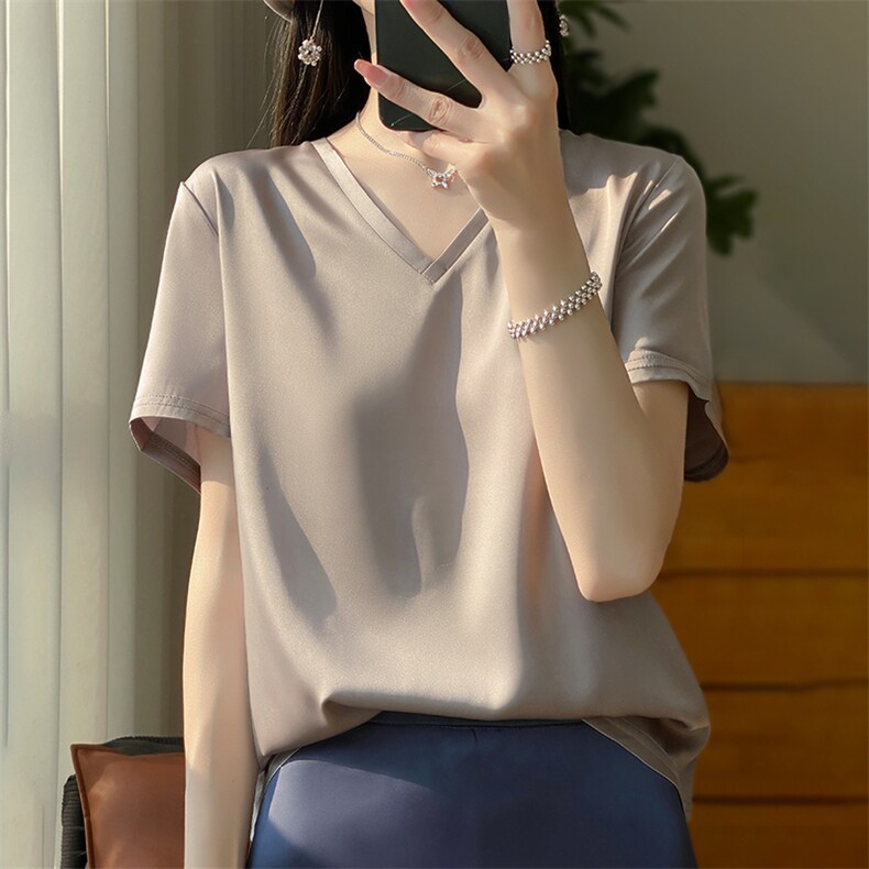 缎面短袖上衣女夏2024新款潮宽松时尚气质纯色衬衫,女装衬衫,绒宛羊绒