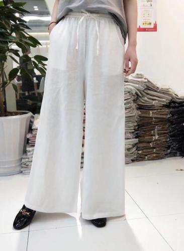 现货春装纯亚麻阔腿长裤，女装，火红