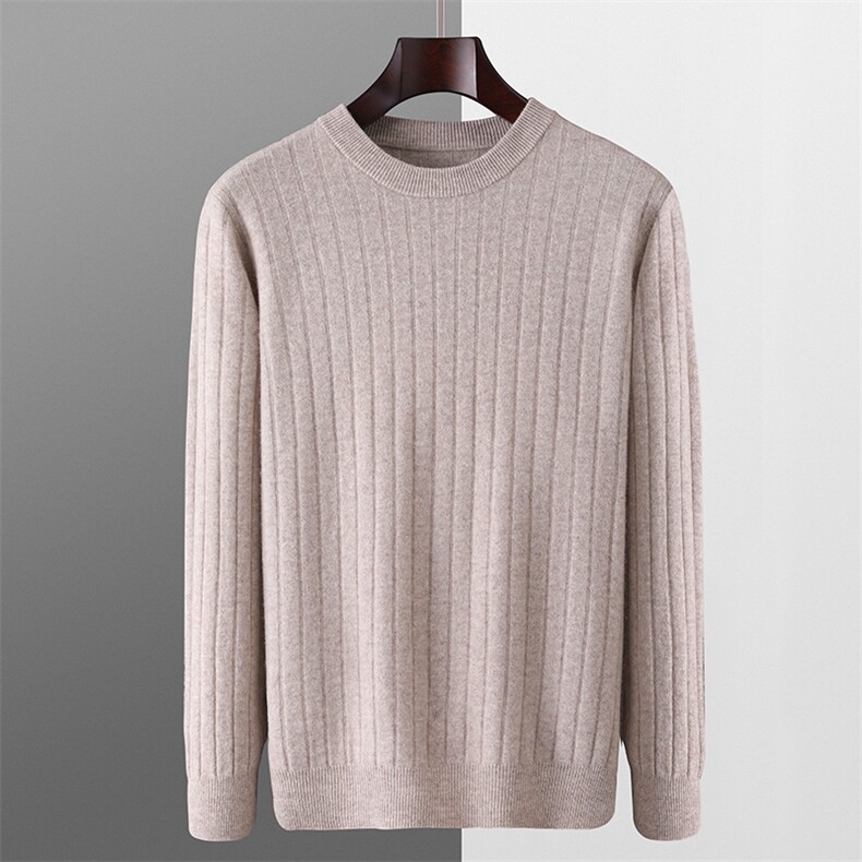 秋冬季羊毛男士十二针竖条圆领加厚套头羊毛衫，男装羊毛衫，君贝羊绒