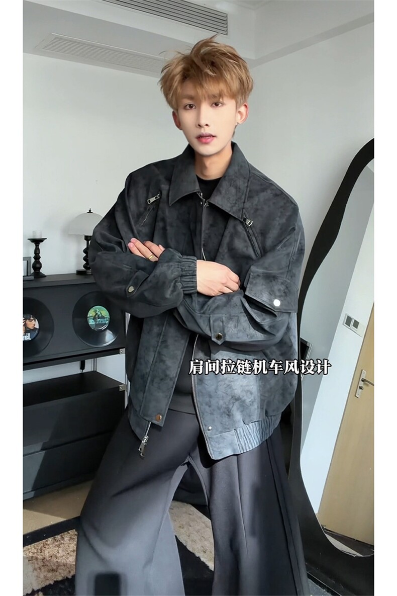 休闲高街扎染皮衣上衣夹克拉链设计感机车服C61321-TP75148,男装夹克,电商A102