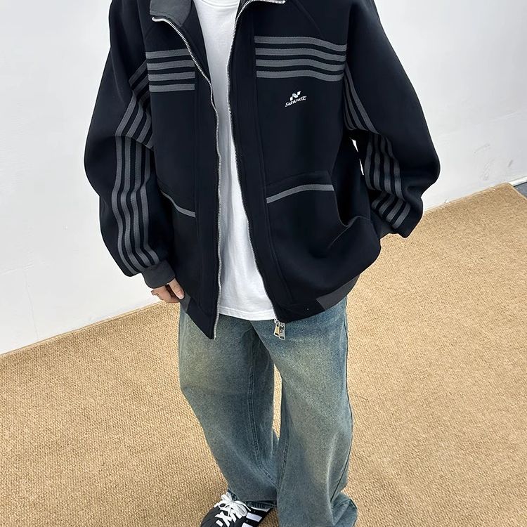 立领拼接条纹开衫外套男女秋冬季复古休闲运动夹克上衣JK018,男装夹克,星座1116A（原606A-3）
