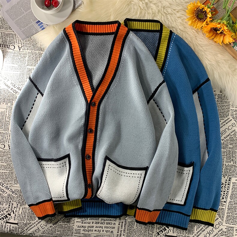 中性风时尚拼接撞色大口袋宽松潮男女毛衣开衫XJ206P95,男装针织衫/毛衣,电商A089-1