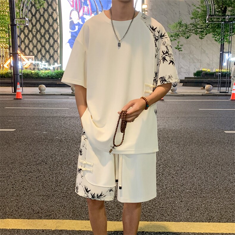 夏季新风冰丝垂感拼色T恤宽松休闲五分裤套装男TZ622-P69控118,男装T恤,电商C305A