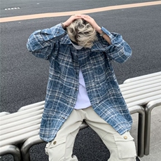 美式复古扎染做旧格纹长袖衬衫男女休闲情侣衬衣高级垂感CS05/P45，男装衬衫，星座506