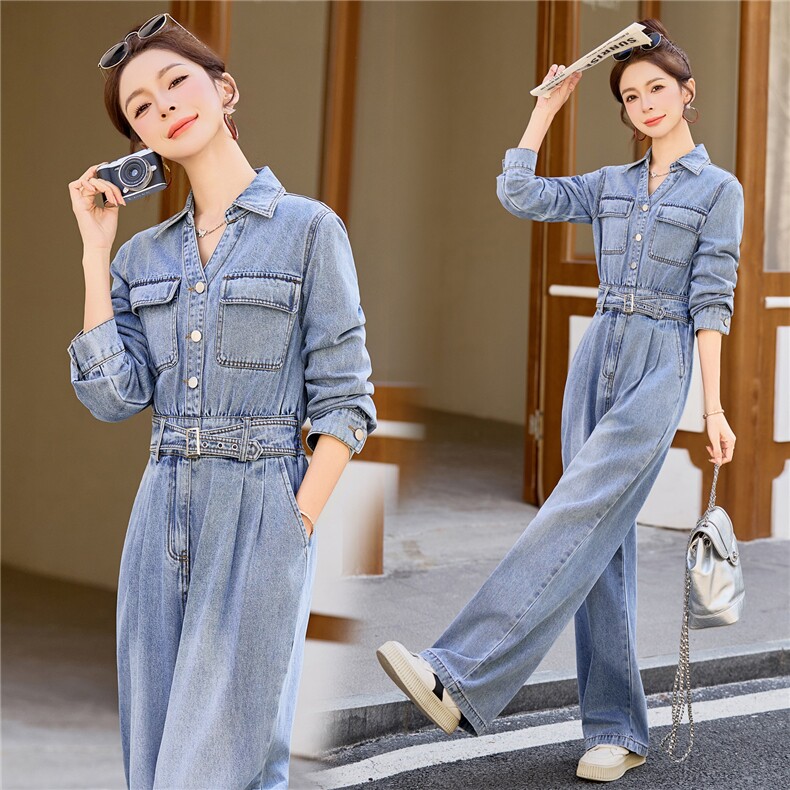 （新款现货）2026春装时尚休闲显瘦工装v领牛仔阔腿腰带连体裤女,女装连体裤,印象茜