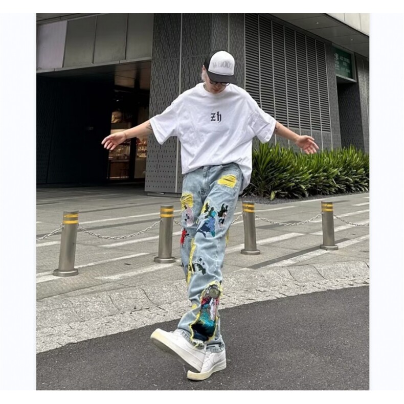 美式街头hiphop补丁刺绣破洞牛仔裤男小众设计感长裤RK607-P83,男装牛仔裤,星座412-3