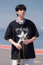 2025港风夏季宽松休闲百搭短袖印花情侣T恤潮流T1191P25控38，男装T恤，电商A247