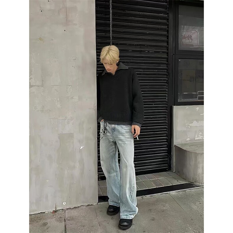 【网图】B221美式ins高街重工艺宽松微喇牛仔裤LK24388-P55控78,男装牛仔裤,电商B221