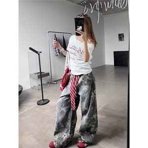 迷彩工装裤男女秋冬美式高街长裤潮流宽松阔腿拖地裤子K6771-P53图片