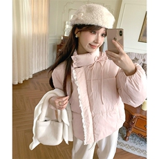 蕾丝拼接棉服外套女冬季韩系高级感粉色蝴蝶结系带棉衣，女装棉衣/棉服，星座1210-1