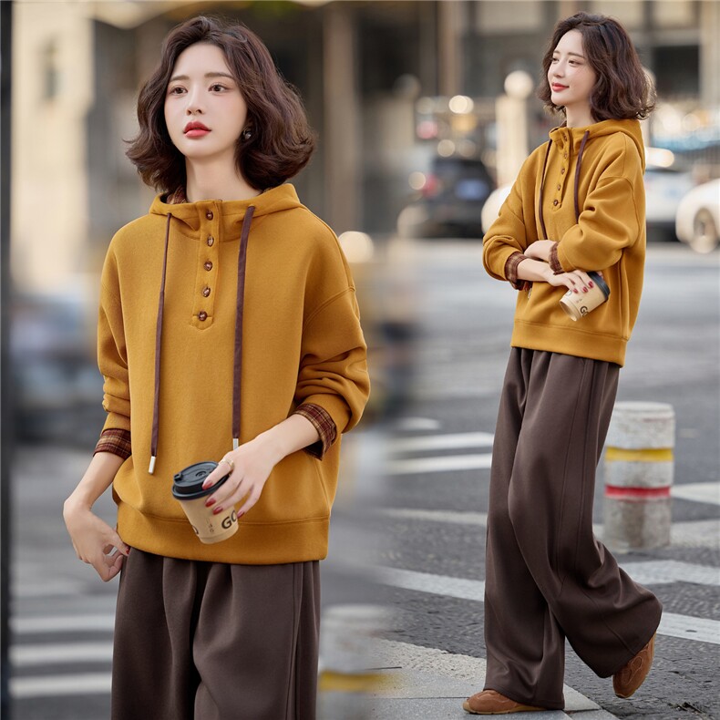 蓝色加绒连帽卫衣女2025冬季新款加厚两件套装宽松直筒卫裤撞色，女装卫衣/绒衫，梦懿尔