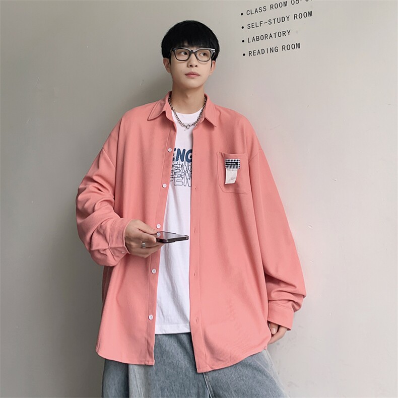 2026春夏装新款宽松贴标华夫格长袖衬衫男CS9966/特P28粉,男装衬衫,电商A094