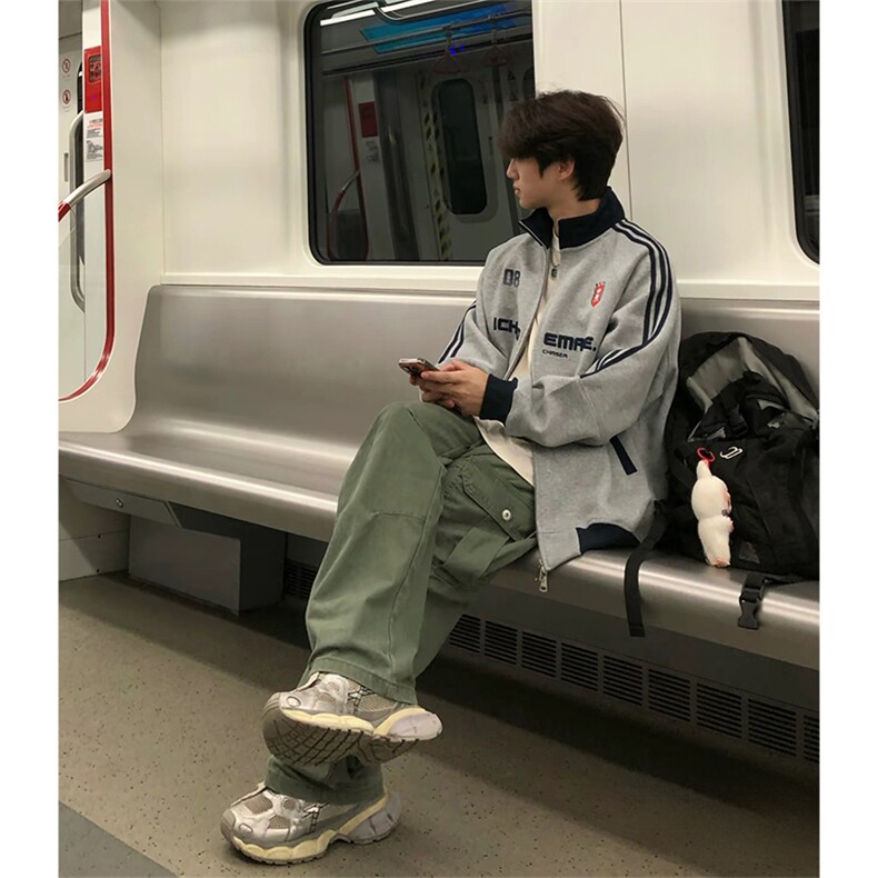 抖音得物美式高街重磅结构设计拼接织带立领印花卫衣外套ACM4201,女装短外套,电商A443