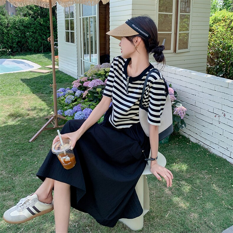 新款现货主推条纹拼接大口袋连衣裙9831-P125-K178,女装连衣裙,2C129